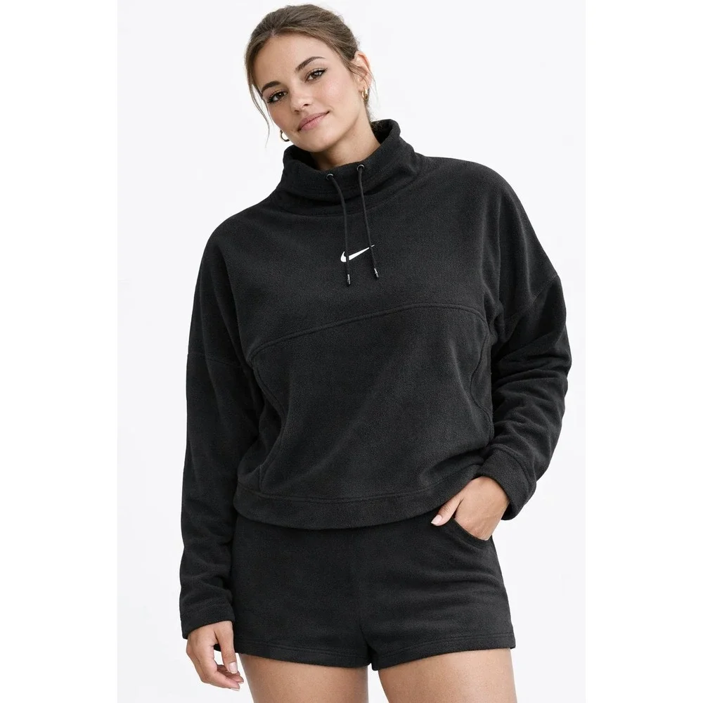 Nike‎ W Black Fleece Funnel Neck Pullover Sweatshirt Swoosh Logo Large 12-14 NEW